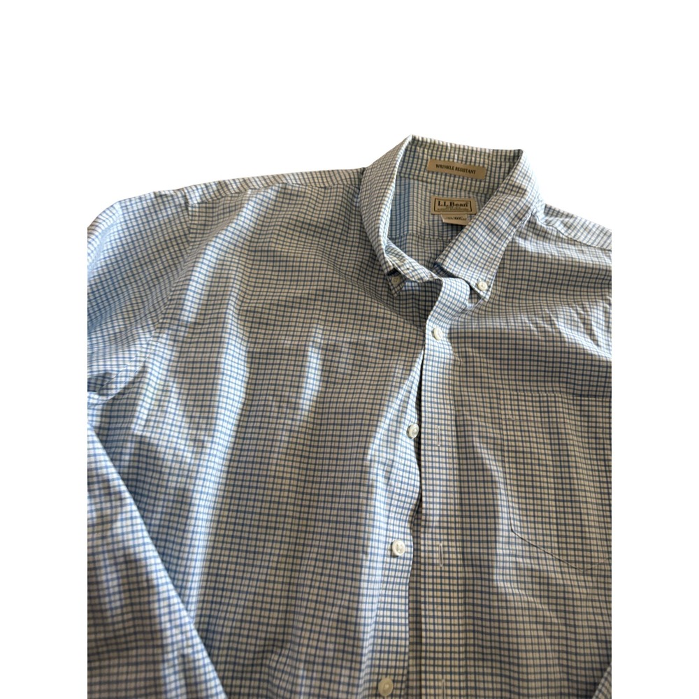LL Bean Mens XL Regular Wrinkle Resistant Cotton Shirt Blue White Party